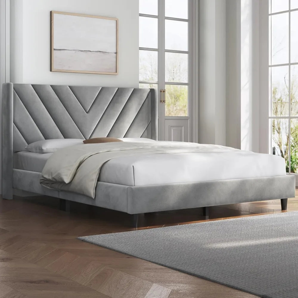 Queen Upholstered Platform Bed with Tufted Wingback Headboard & Wooden Slat Support