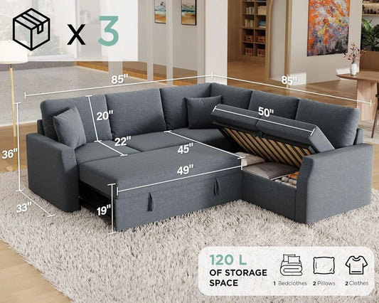 Jocisland 85" Oversized L-Shaped Sleeper Sofa Bed with Pull-Out & Storage Seat
