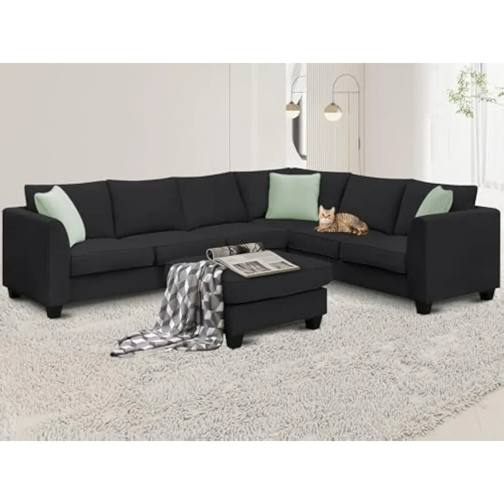 Modern Large U-Shaped 7-Seat Fabric Sectional Sofa with Movable Ottoman