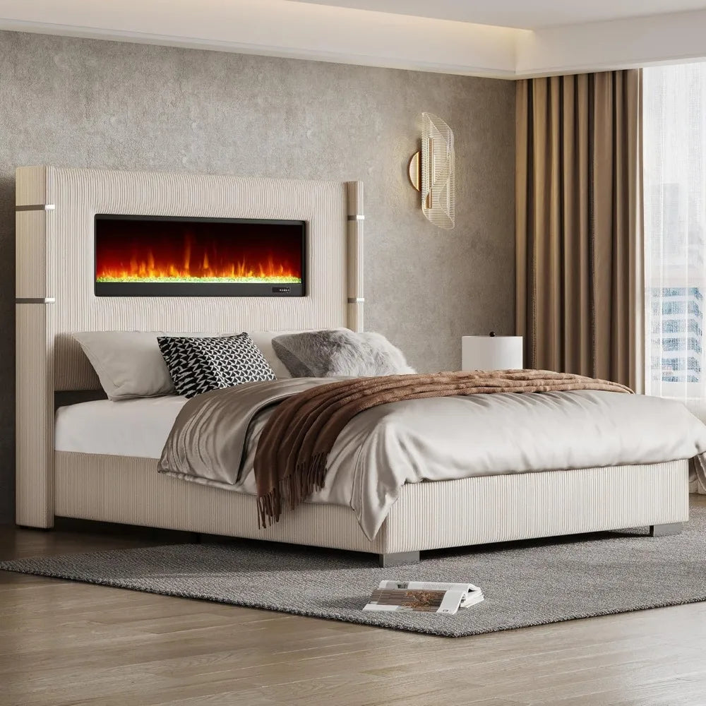 Modern Queen Size Wingback Platform Bed Frame with Built-in Fireplace