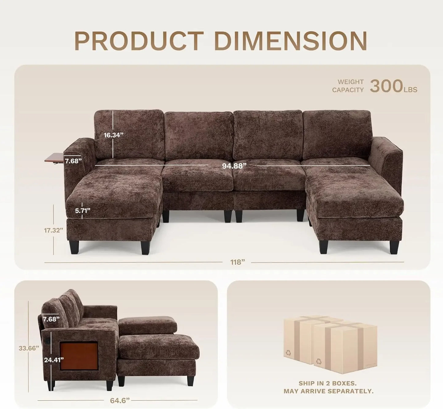 118" U-Shaped Modular Sofa with Ottoman & Foldable Side Table, Brown