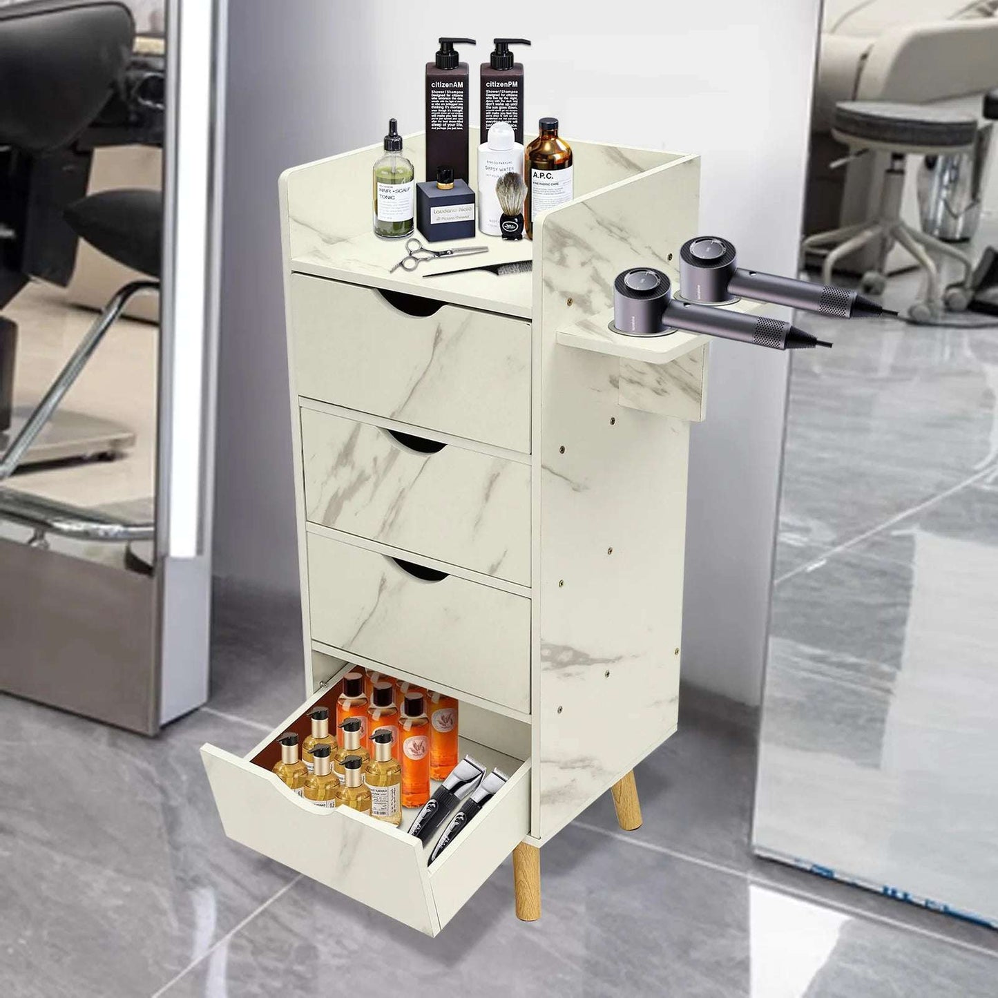 Station Organizer Equipment with 2 Hair Dryer Holders and 4 Drawers for Spa