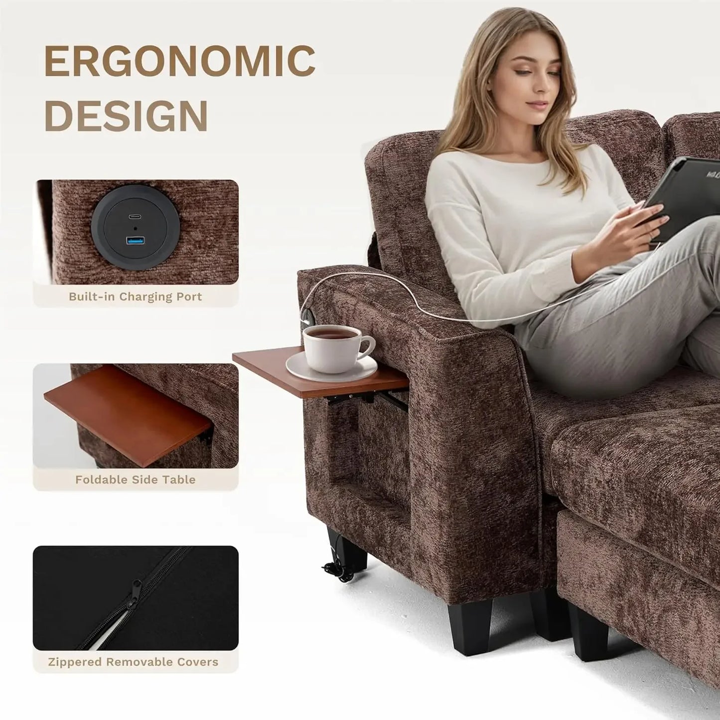 118" U-Shaped Modular Sofa with Ottoman & Foldable Side Table, Brown