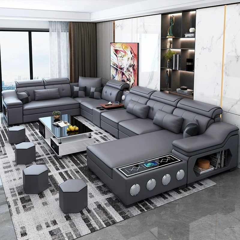 MANBAS Modern Sectional Sofa with Chaise Lounge, Bluetooth Speakers & USB Ports