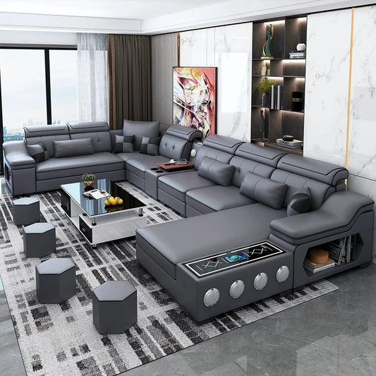 MANBAS Modern Sectional Sofa with Chaise Lounge, Bluetooth Speakers & USB Ports