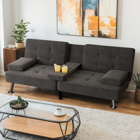 Modern Linen Convertible Futon Sofa Bed with Removable Armrests & Cup Holders