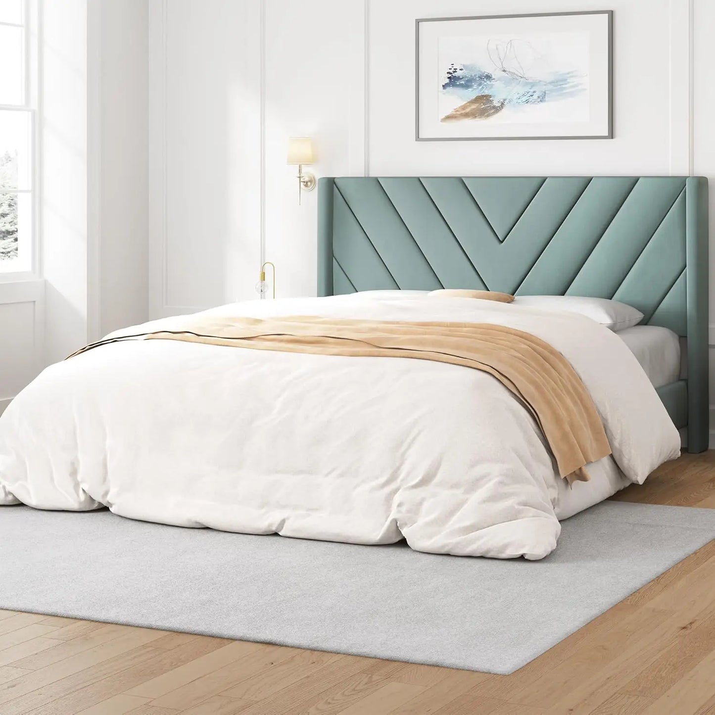 Queen Upholstered Platform Bed with Tufted Wingback Headboard & Wooden Slat Support