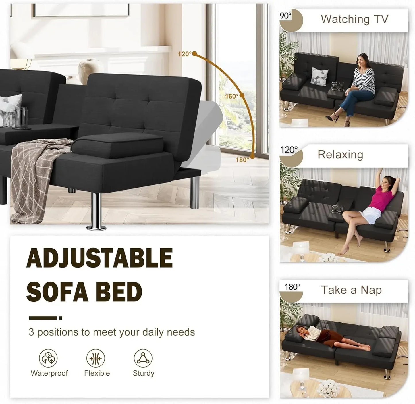 Modern Linen Convertible Futon Sofa Bed with Removable Armrests & Cup Holders