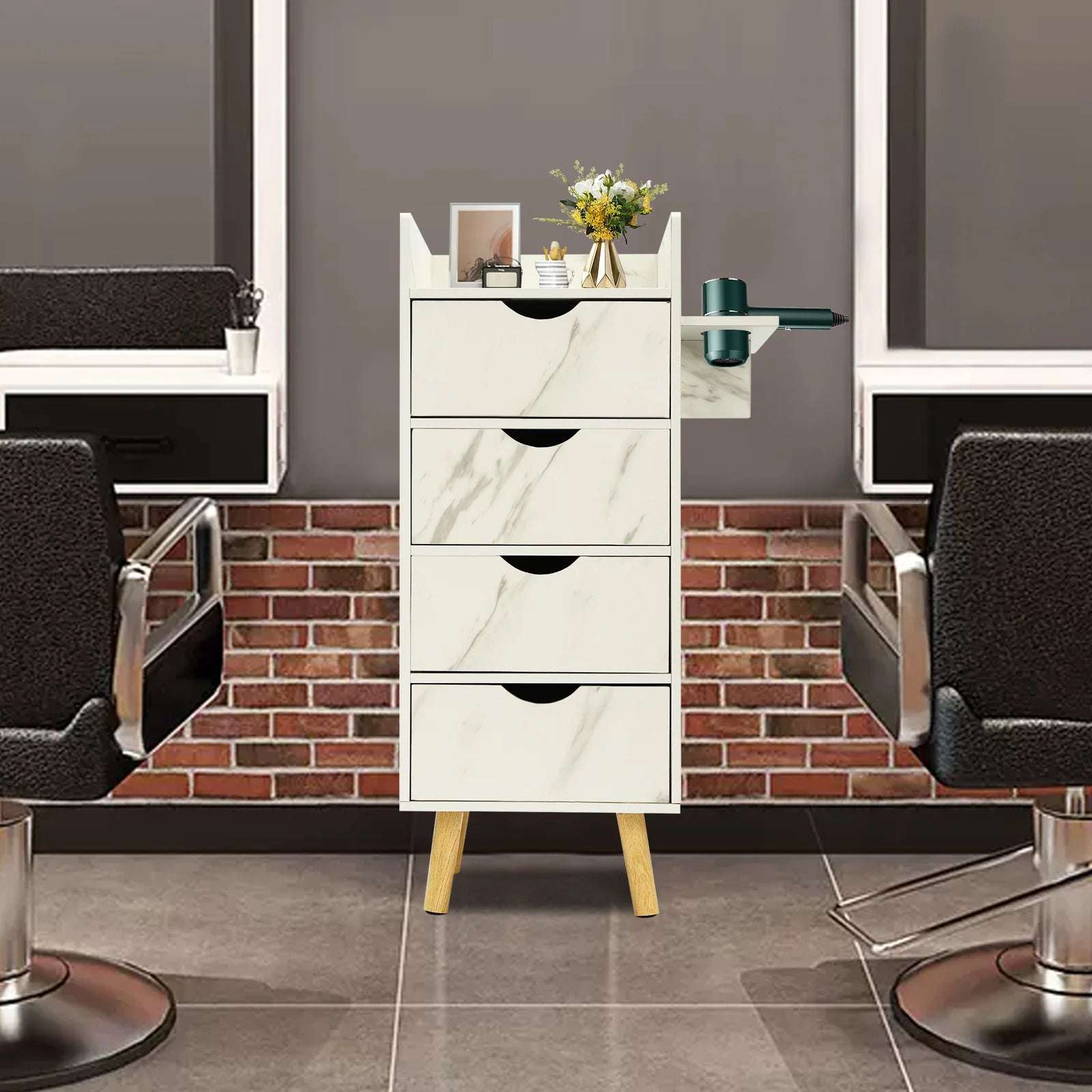 Station Organizer Equipment with 2 Hair Dryer Holders and 4 Drawers for Spa
