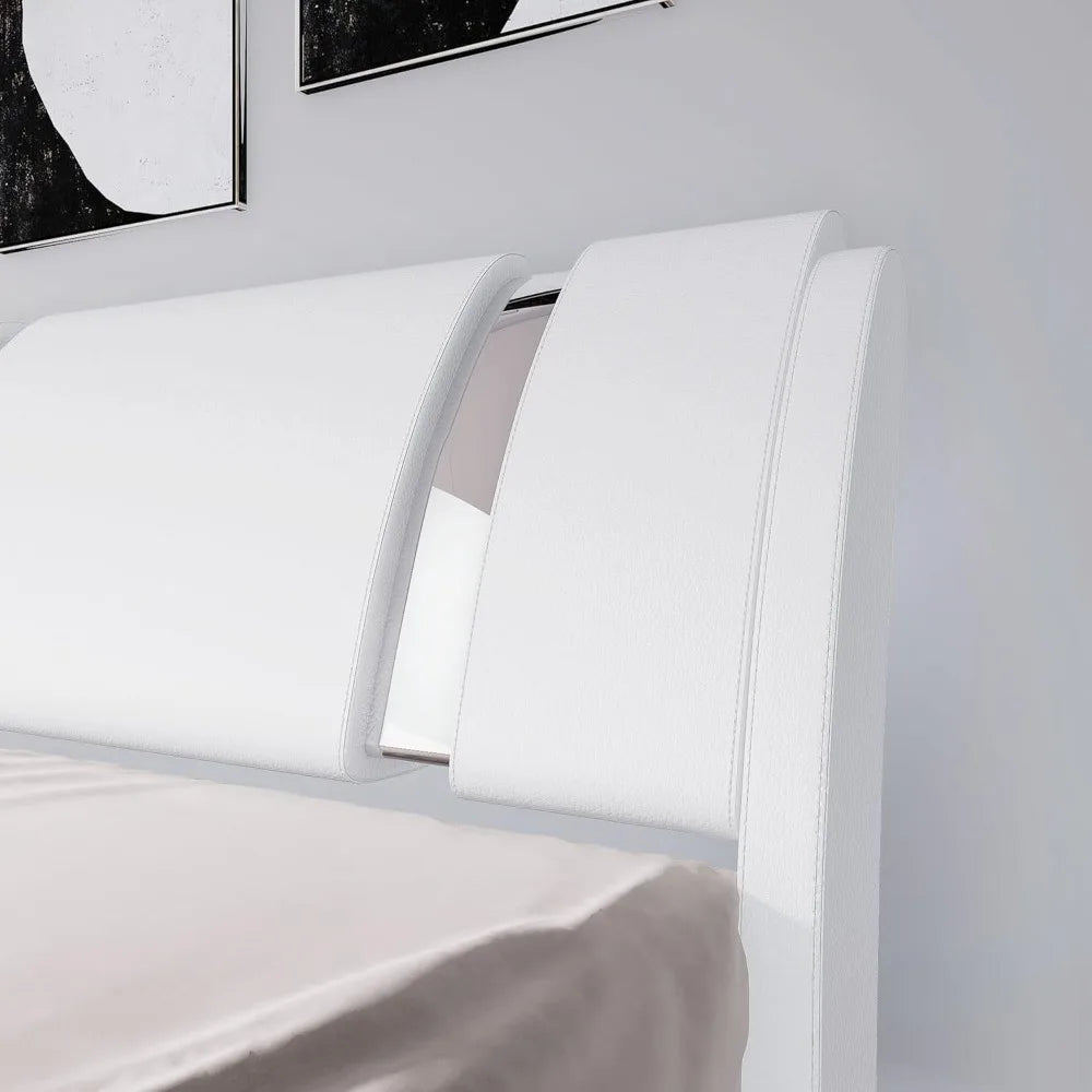 Queen Size Faux Leather Platform Bed with Iron Decor & Adjustable Curved Headboard