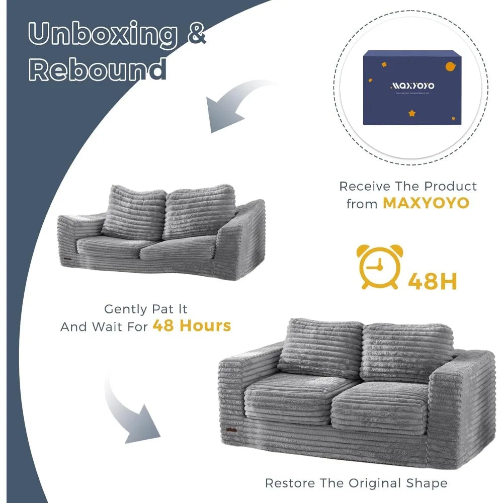 Two-Seat Upholstered Bean Bag Sofa with Pillows & Armrests, Fluffy Loveseat