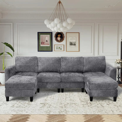 118" U-Shaped Modular Sofa with Ottoman & Foldable Side Table, Brown