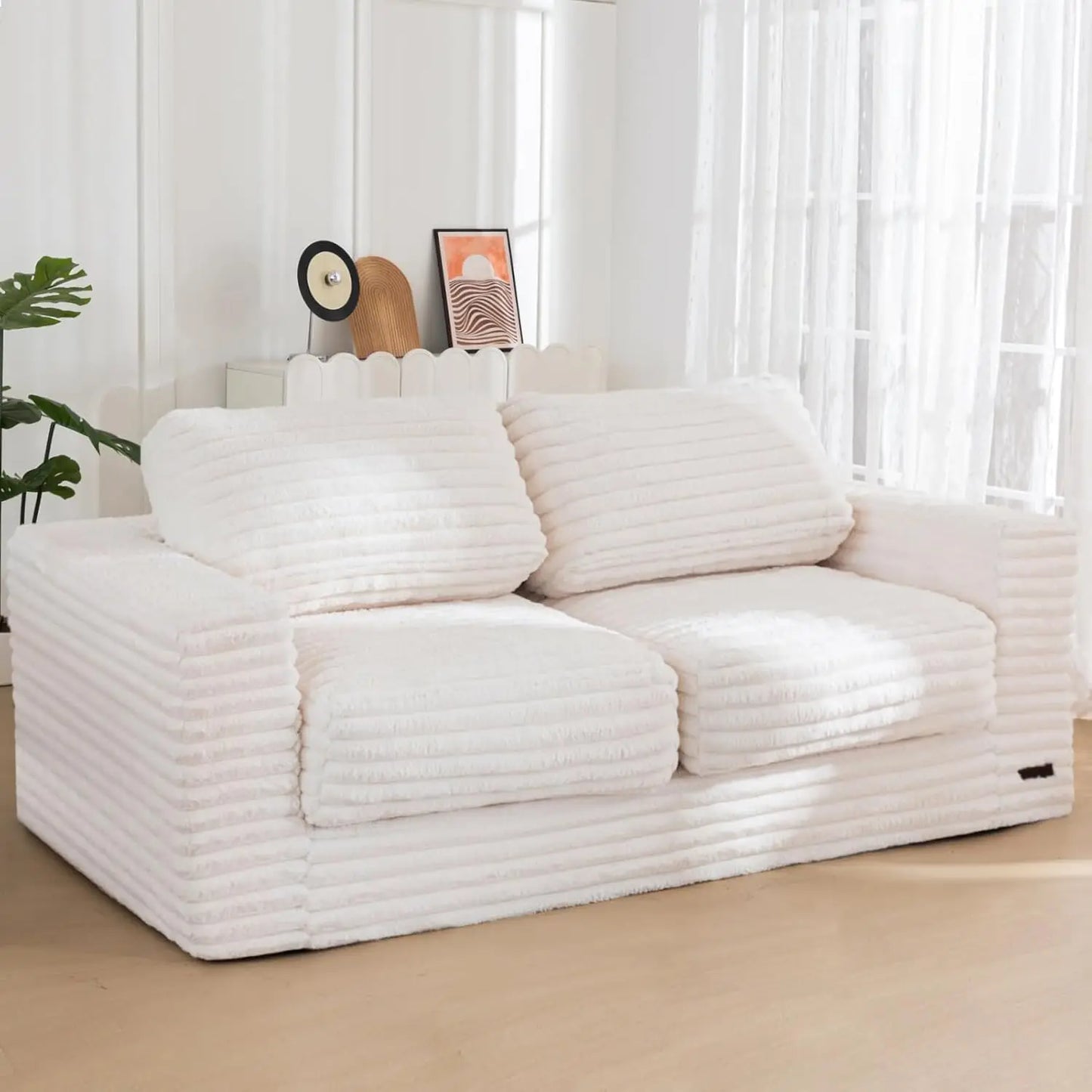 Two-Seat Upholstered Bean Bag Sofa with Pillows & Armrests, Fluffy Loveseat