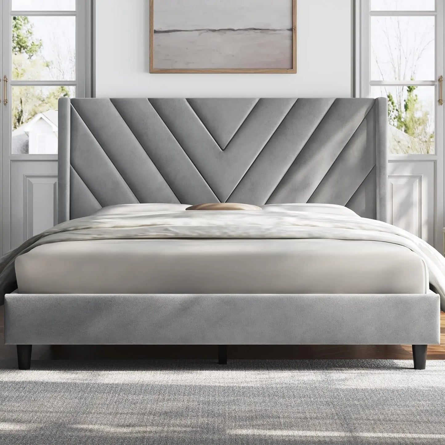Queen Upholstered Platform Bed with Tufted Wingback Headboard & Wooden Slat Support