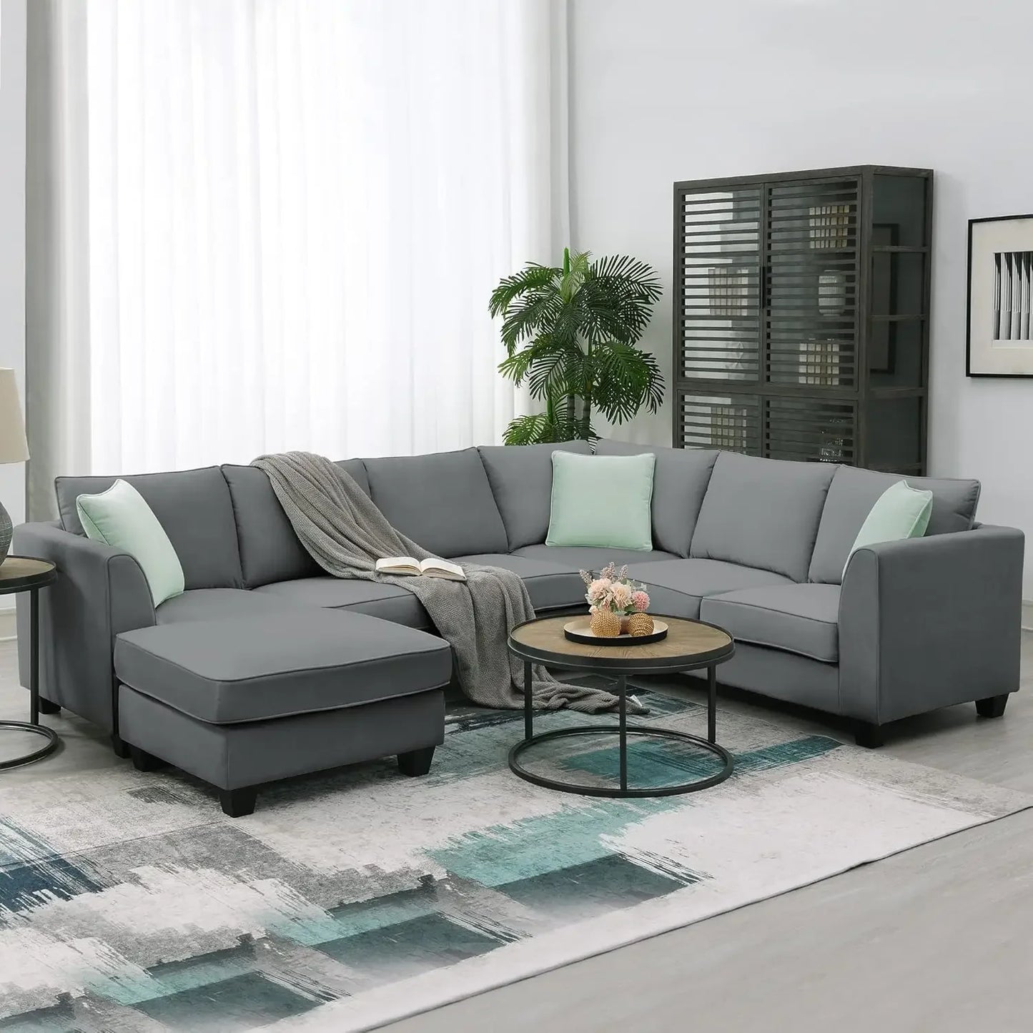 Modern Large U-Shaped 7-Seat Fabric Sectional Sofa with Movable Ottoman