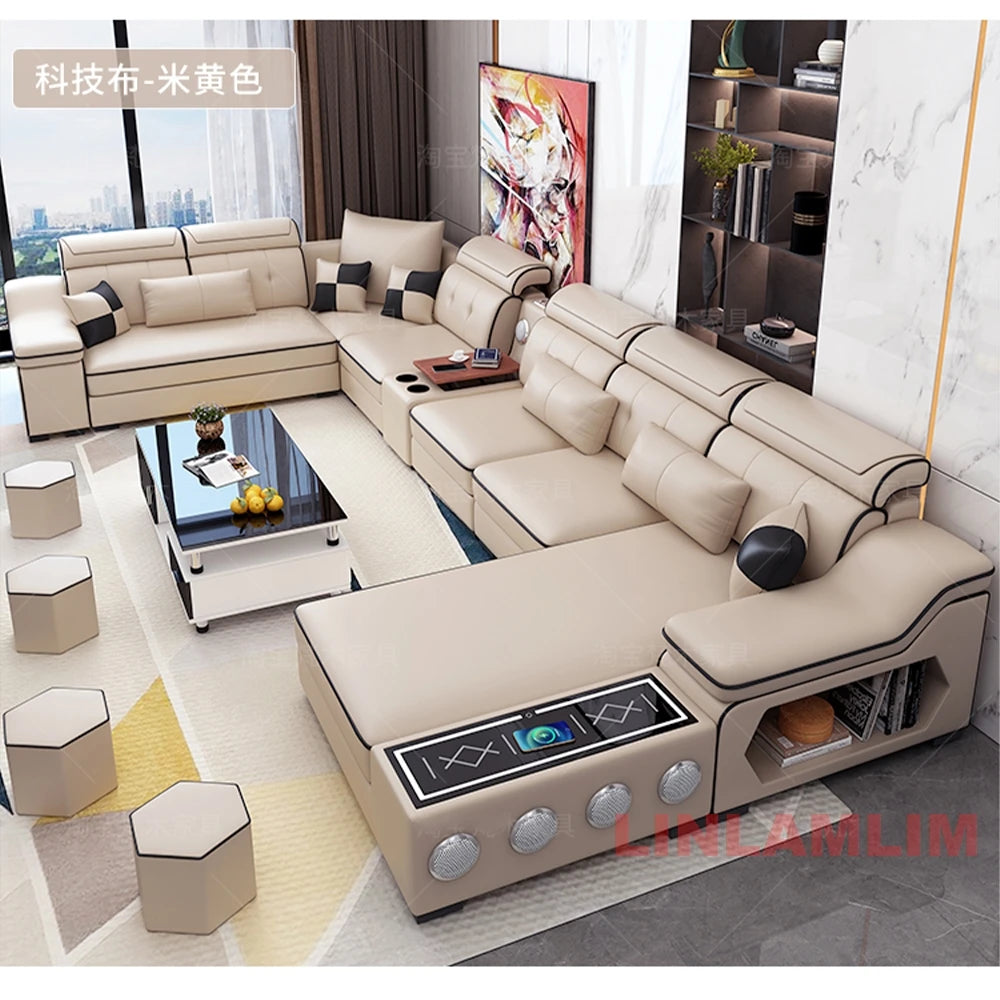 MANBAS Modern Sectional Sofa with Chaise Lounge, Bluetooth Speakers & USB Ports