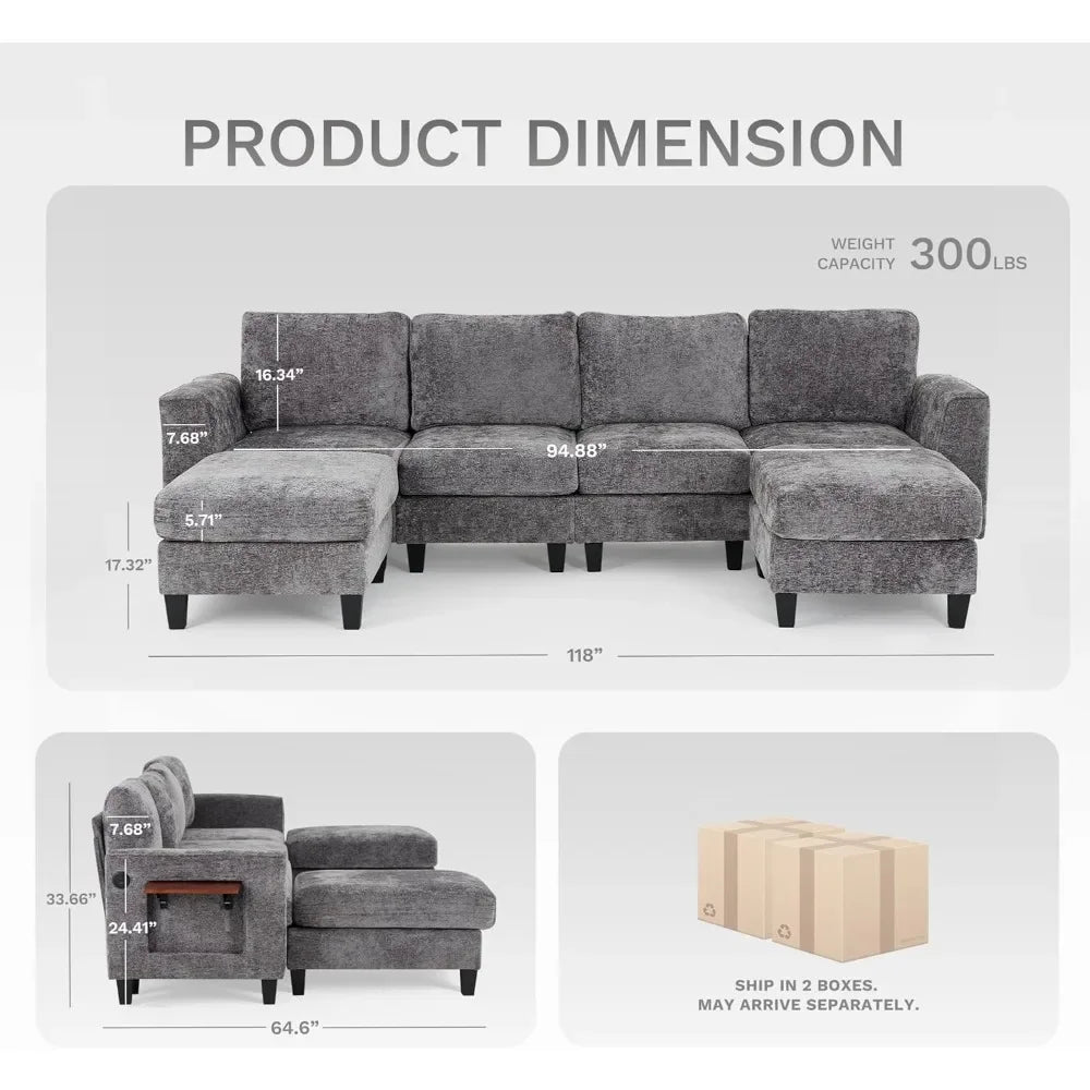 118" U-Shaped Modular Sofa with Ottoman & Foldable Side Table, Brown