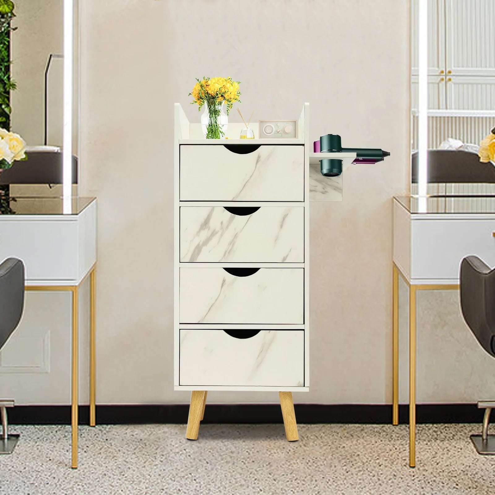 Station Organizer Equipment with 2 Hair Dryer Holders and 4 Drawers for Spa