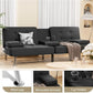 Modern Linen Convertible Futon Sofa Bed with Removable Armrests & Cup Holders
