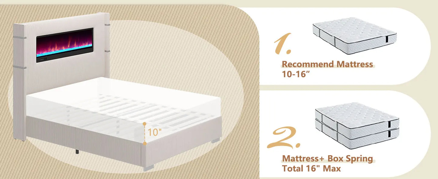 Modern Queen Size Wingback Platform Bed Frame with Built-in Fireplace