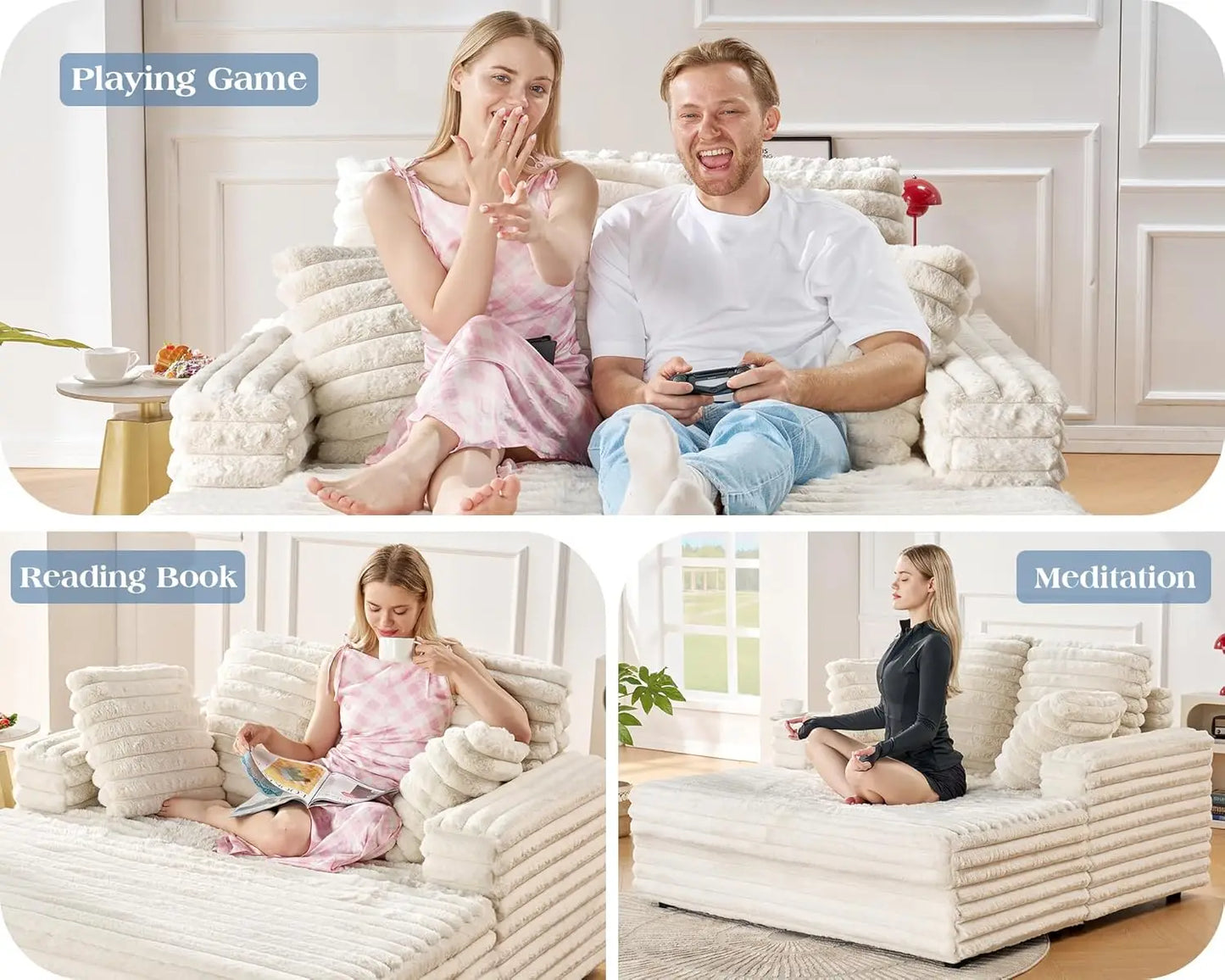 53" Off-White Upholstered Chaise Lounge Sleeper with Pillows & Armrests