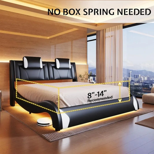 Modern Queen Faux Leather Platform Bed with LED Lighting & Wave-Like Design