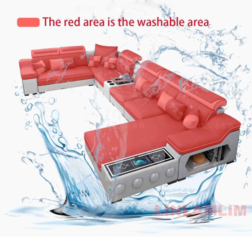 MANBAS Modern Sectional Sofa with Chaise Lounge, Bluetooth Speakers & USB Ports