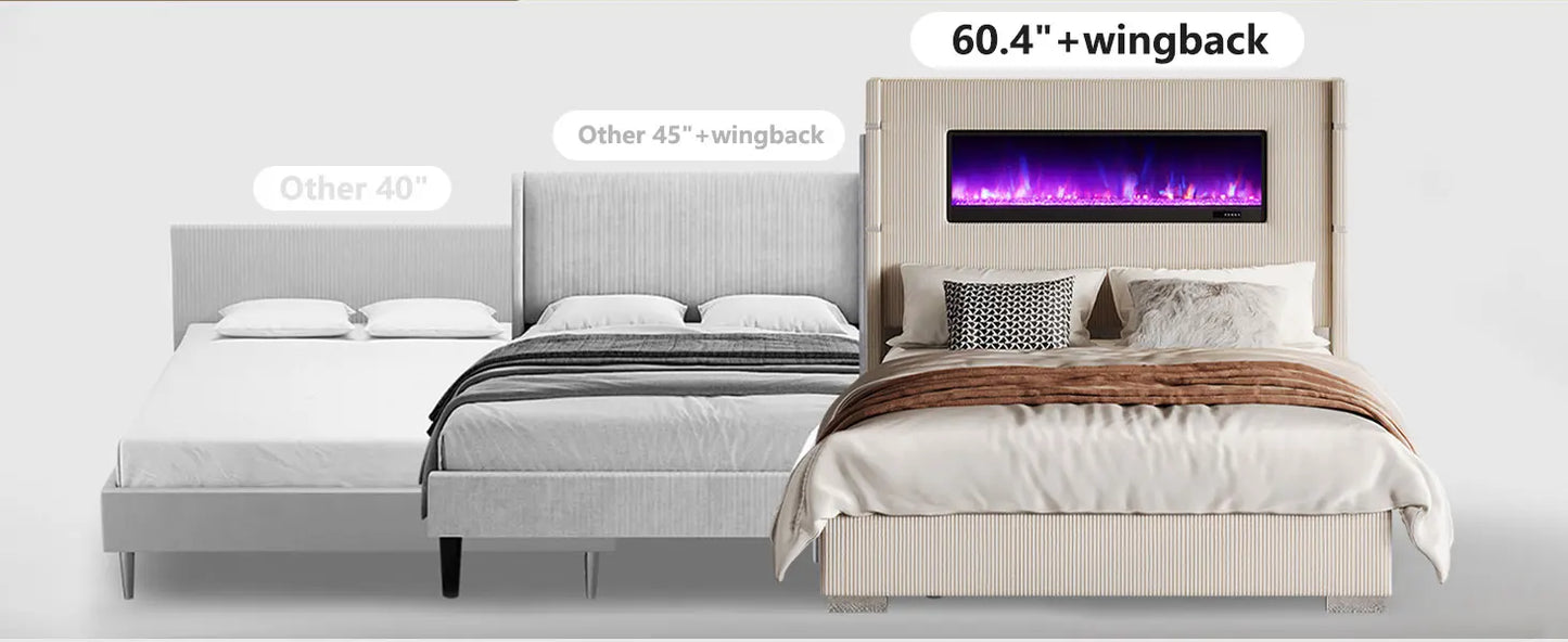 Modern Queen Size Wingback Platform Bed Frame with Built-in Fireplace