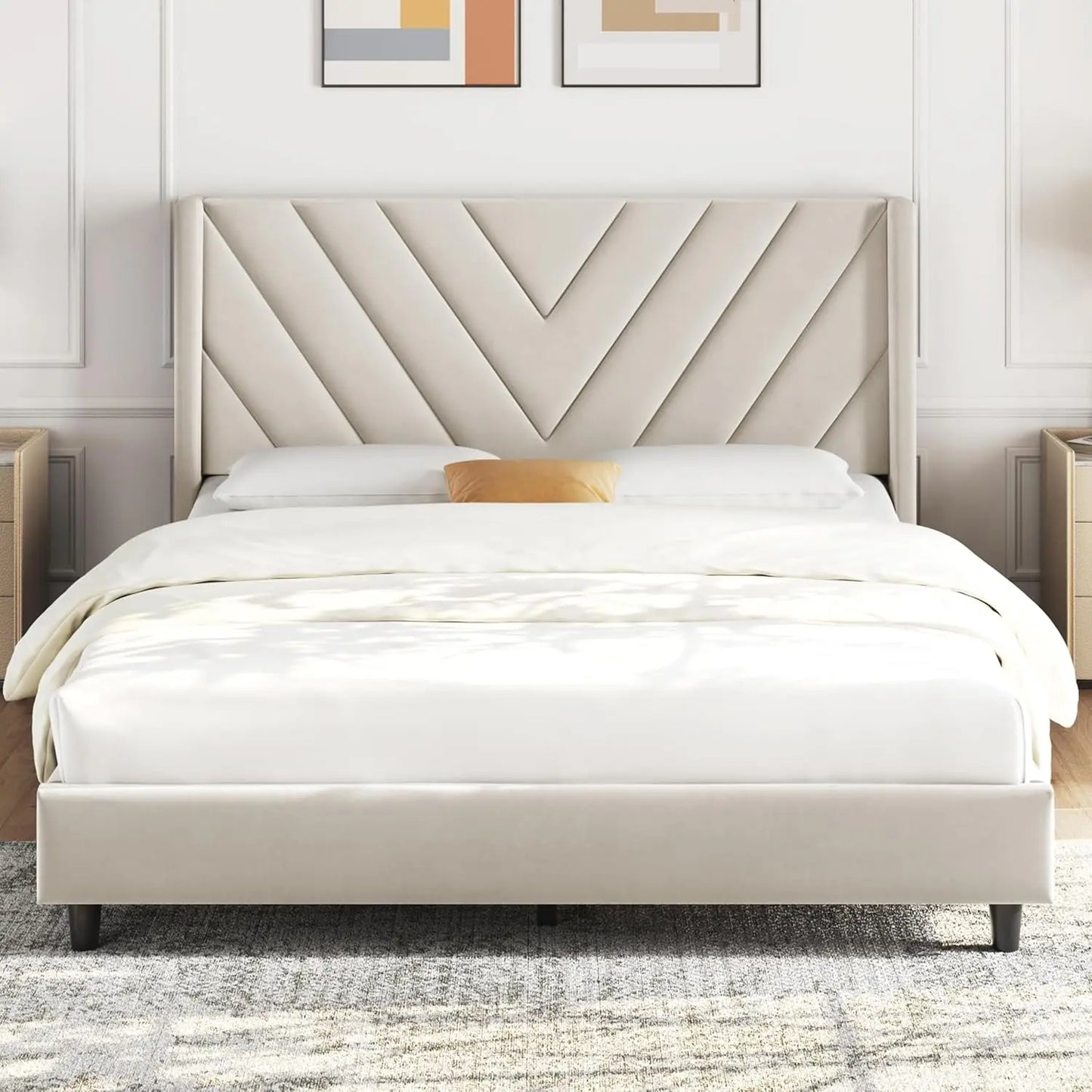 Queen Upholstered Platform Bed with Tufted Wingback Headboard & Wooden Slat Support