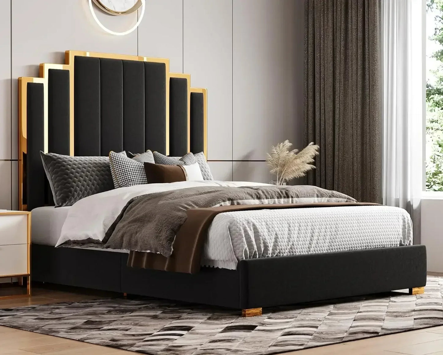 Queen Upholstered Platform Bed with Golden Trim and 61" Headboard.