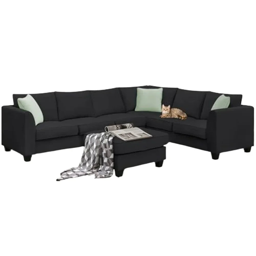 Modern Large U-Shaped 7-Seat Fabric Sectional Sofa with Movable Ottoman