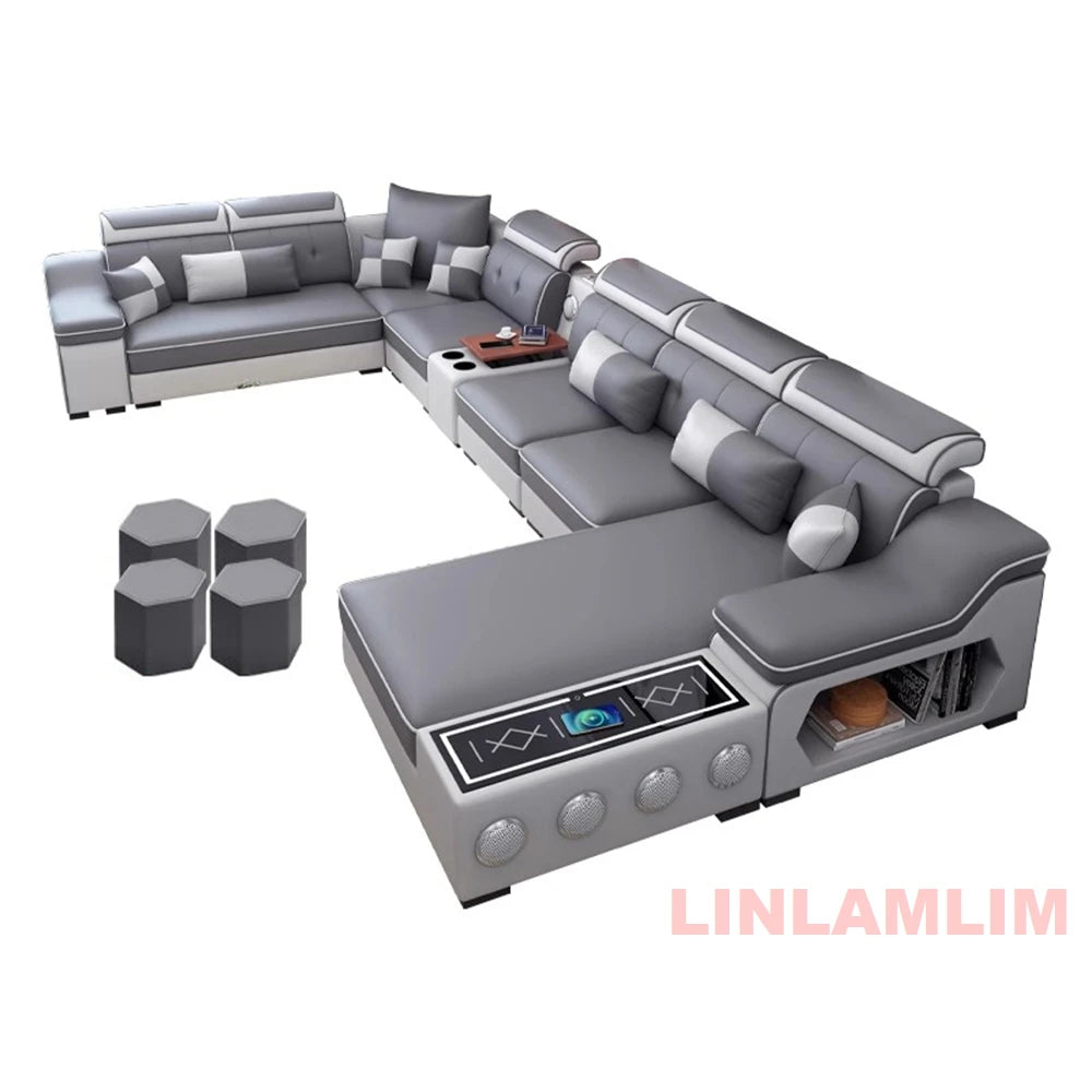MANBAS Modern Sectional Sofa with Chaise Lounge, Bluetooth Speakers & USB Ports