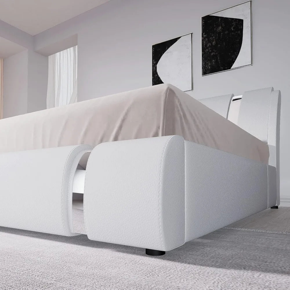 Queen Size Faux Leather Platform Bed with Iron Decor & Adjustable Curved Headboard
