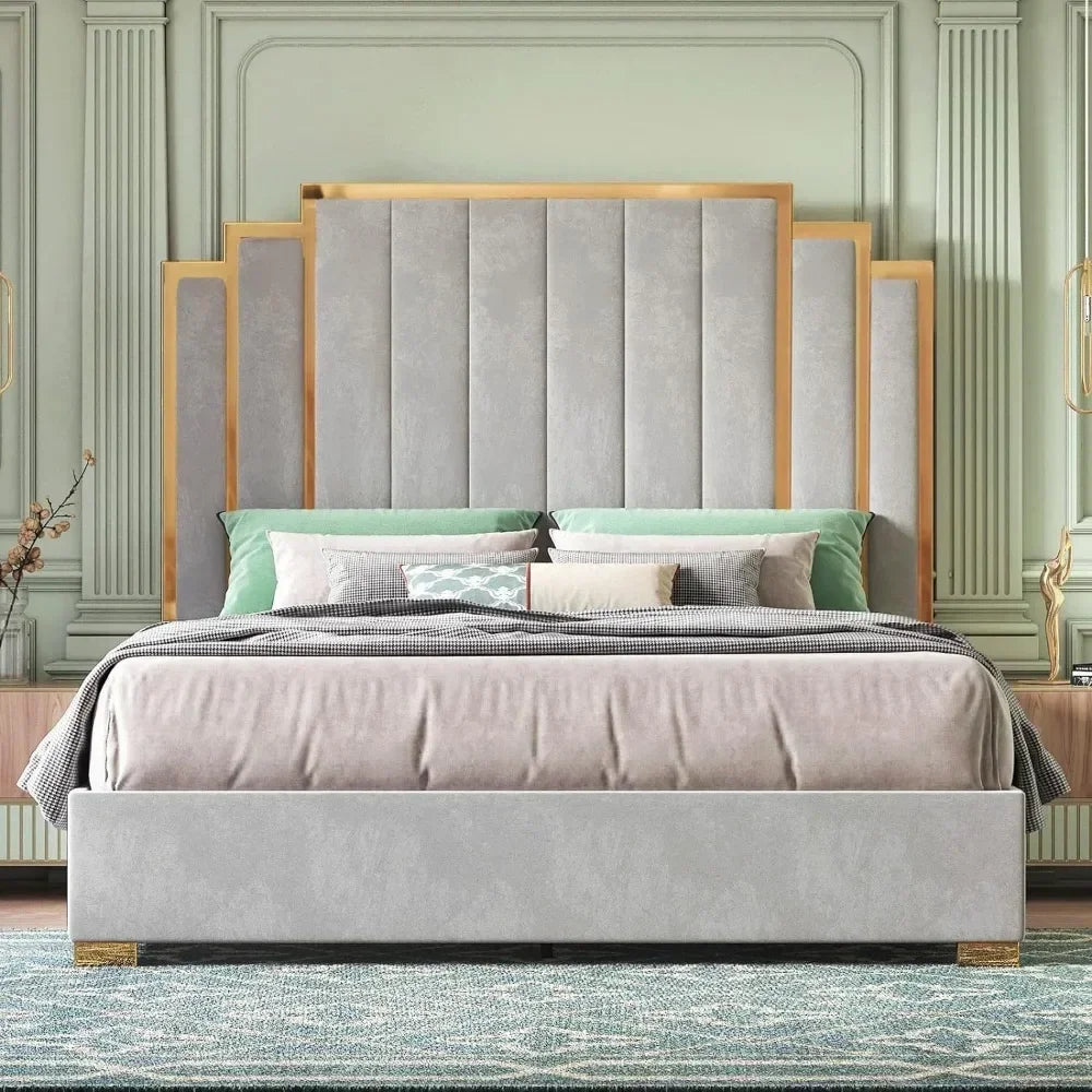 Queen Upholstered Platform Bed with Golden Trim and 61" Headboard.