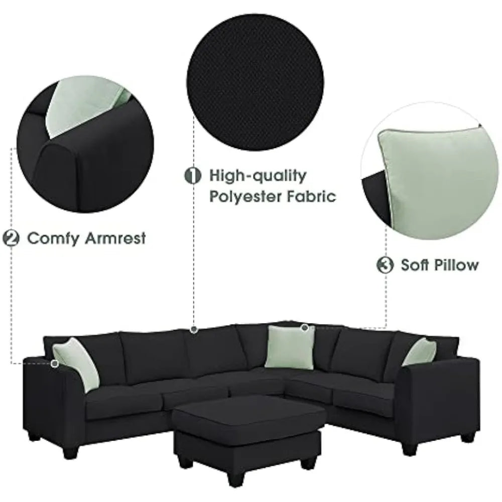 Modern Large U-Shaped 7-Seat Fabric Sectional Sofa with Movable Ottoman
