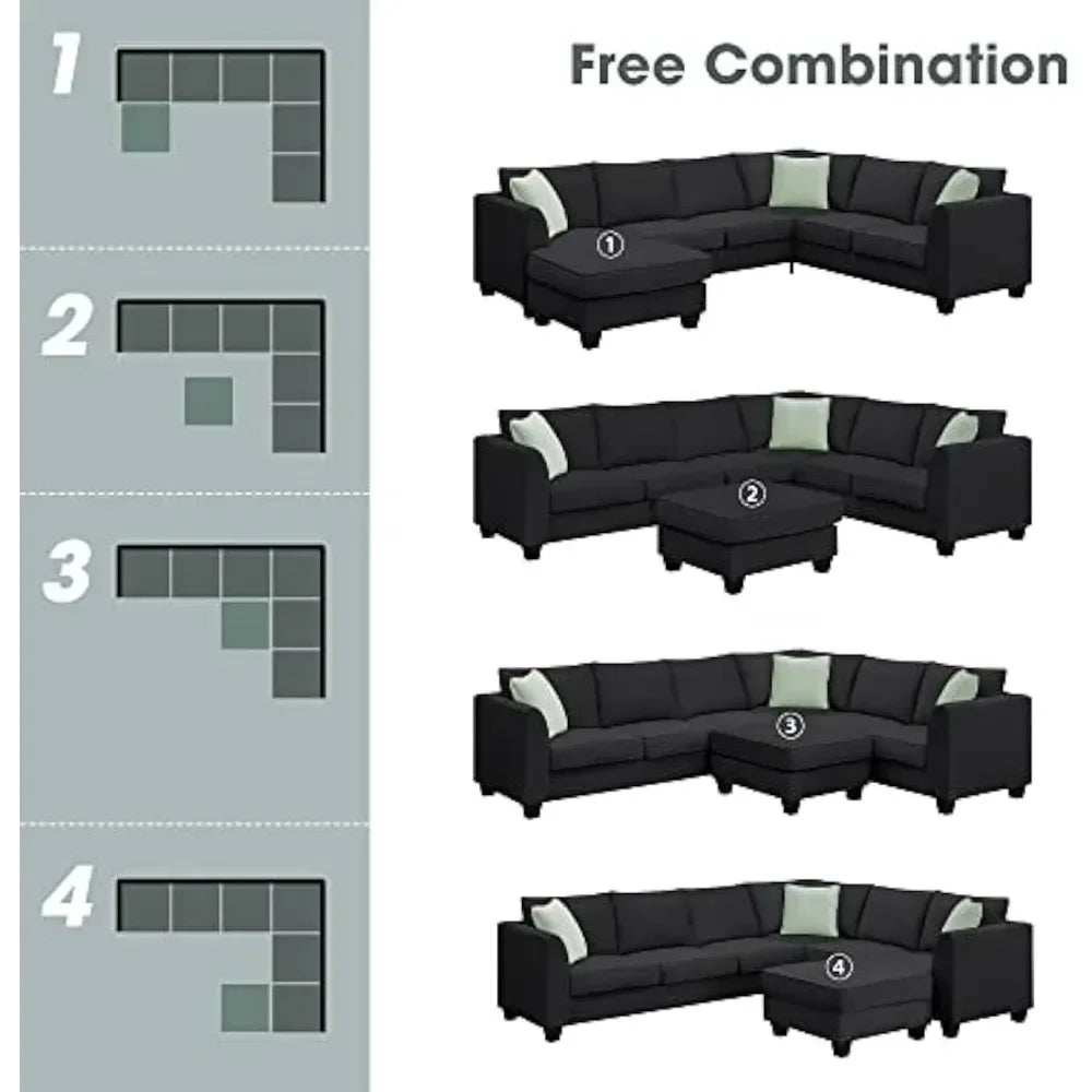 Modern Large U-Shaped 7-Seat Fabric Sectional Sofa with Movable Ottoman