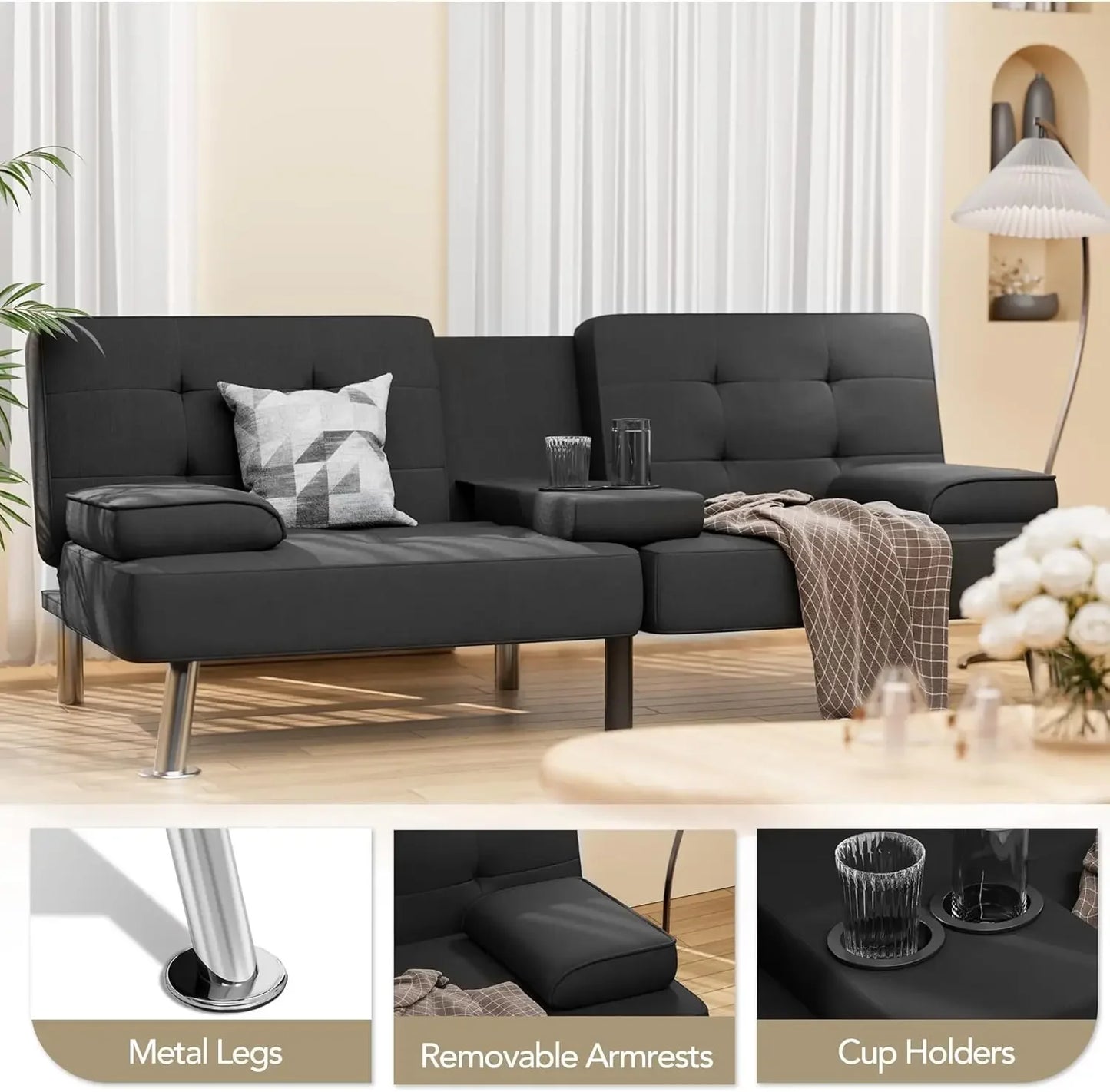 Modern Linen Convertible Futon Sofa Bed with Removable Armrests & Cup Holders