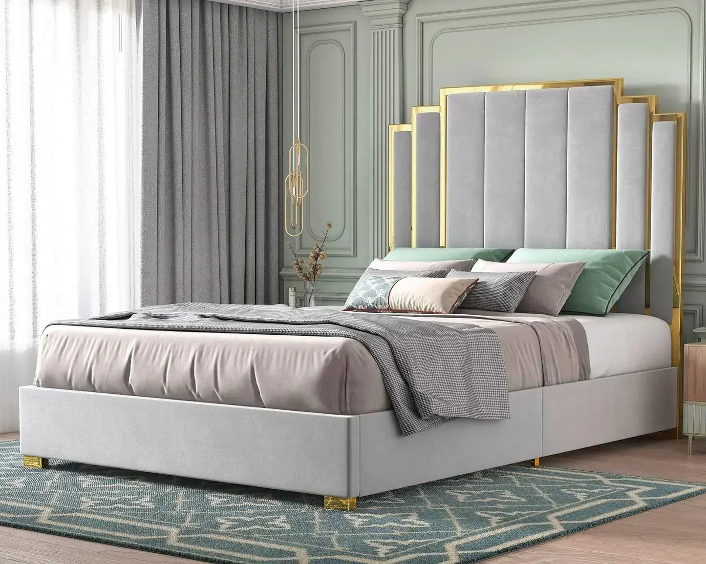 Queen Upholstered Platform Bed with Golden Trim and 61" Headboard.
