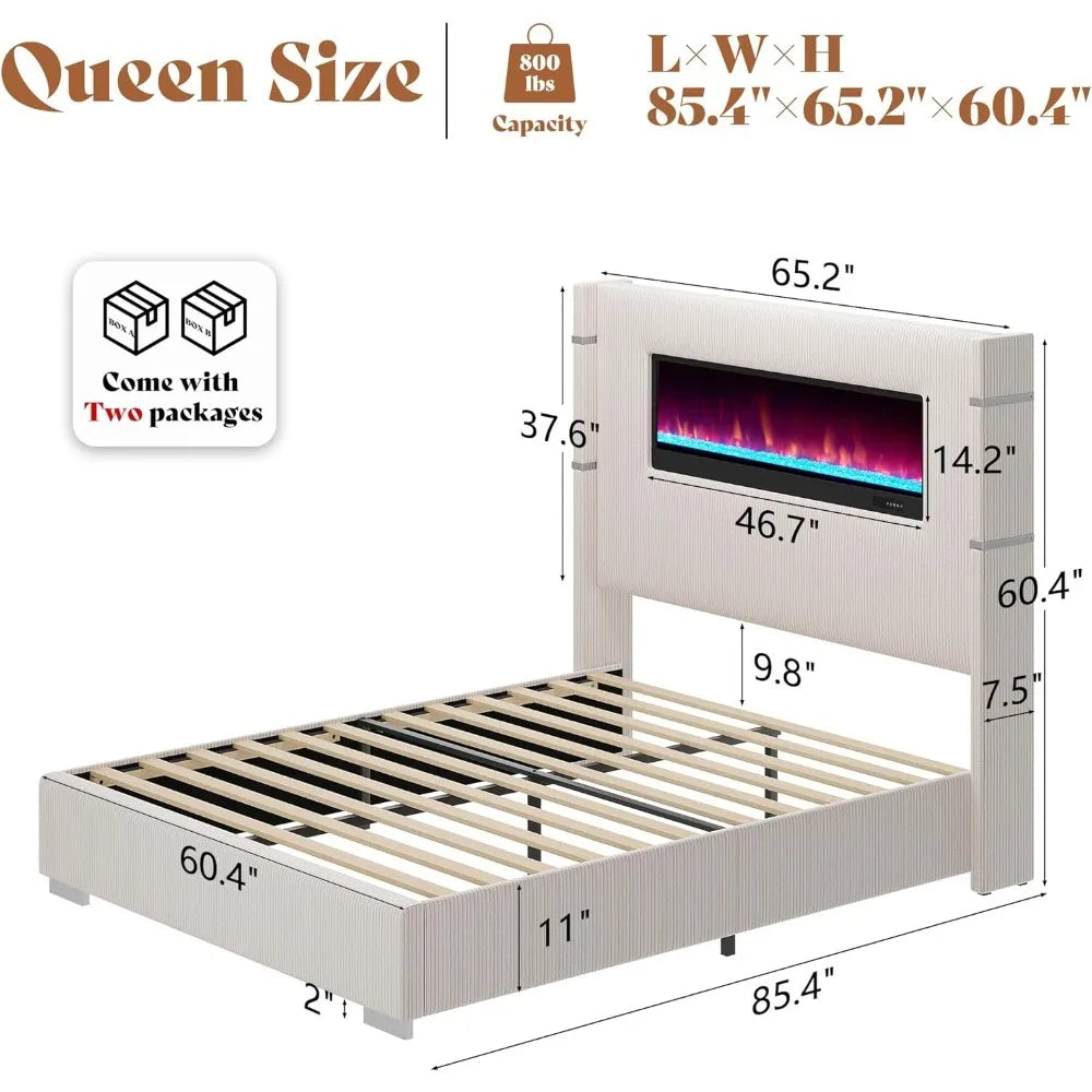 Modern Queen Size Wingback Platform Bed Frame with Built-in Fireplace