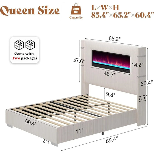 Modern Queen Size Wingback Platform Bed Frame with Built-in Fireplace
