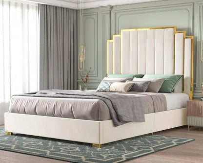 Queen Upholstered Platform Bed with Golden Trim and 61" Headboard.