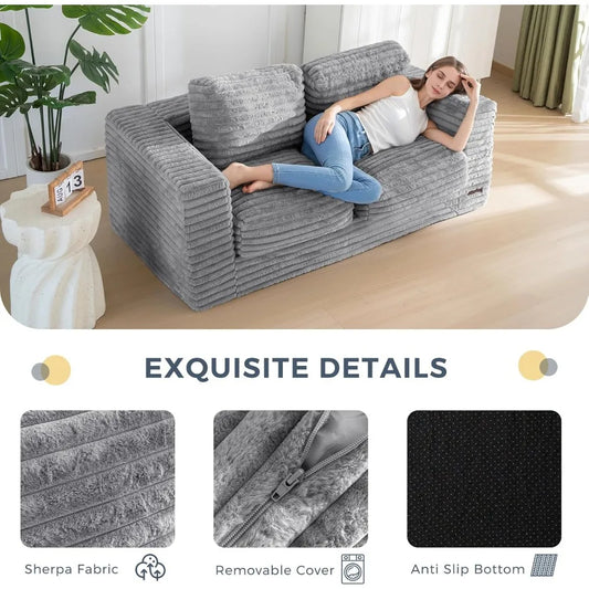 Two-Seat Upholstered Bean Bag Sofa with Pillows & Armrests, Fluffy Loveseat