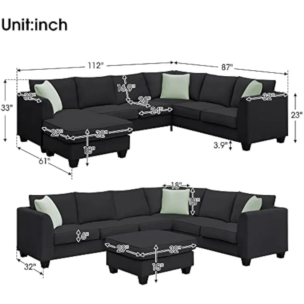 Modern Large U-Shaped 7-Seat Fabric Sectional Sofa with Movable Ottoman