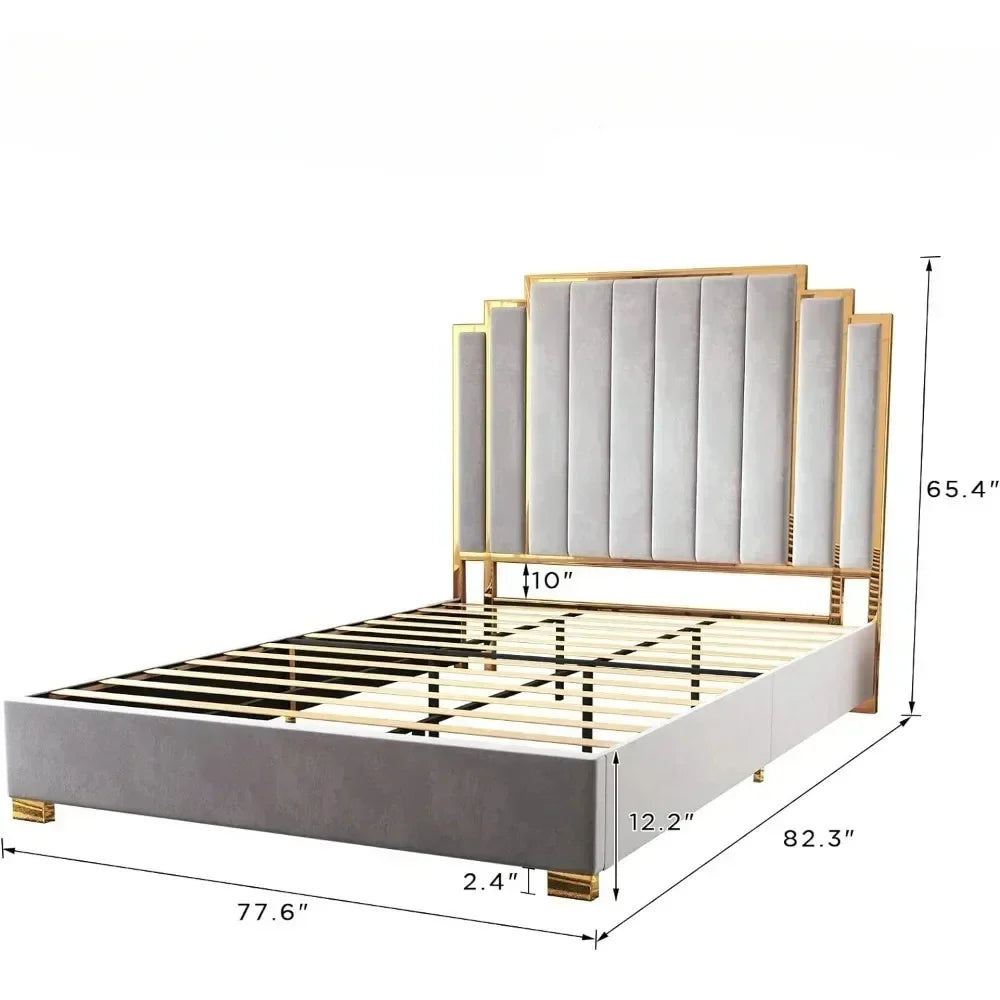Queen Upholstered Platform Bed with Golden Trim and 61" Headboard.