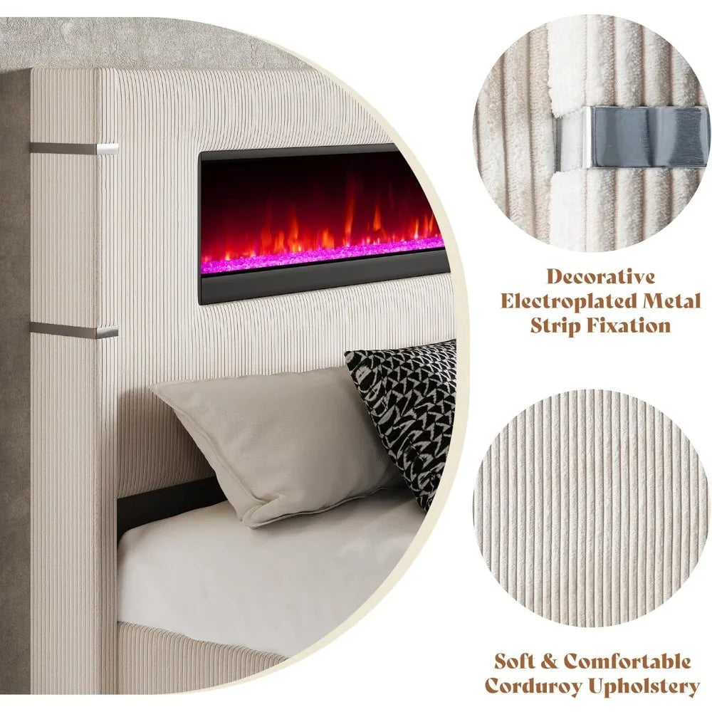 Modern Queen Size Wingback Platform Bed Frame with Built-in Fireplace