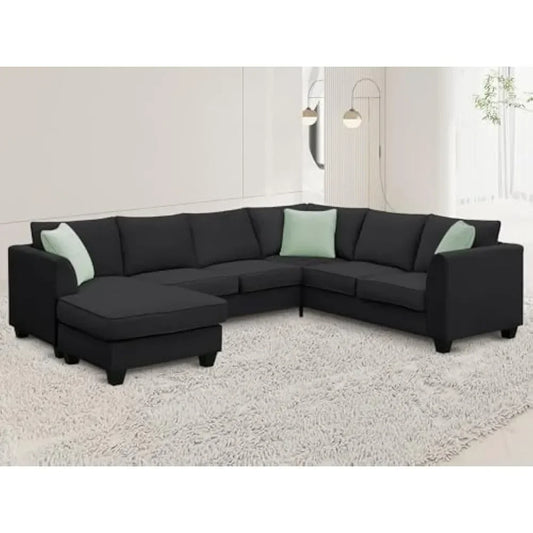 Modern Large U-Shaped 7-Seat Fabric Sectional Sofa with Movable Ottoman