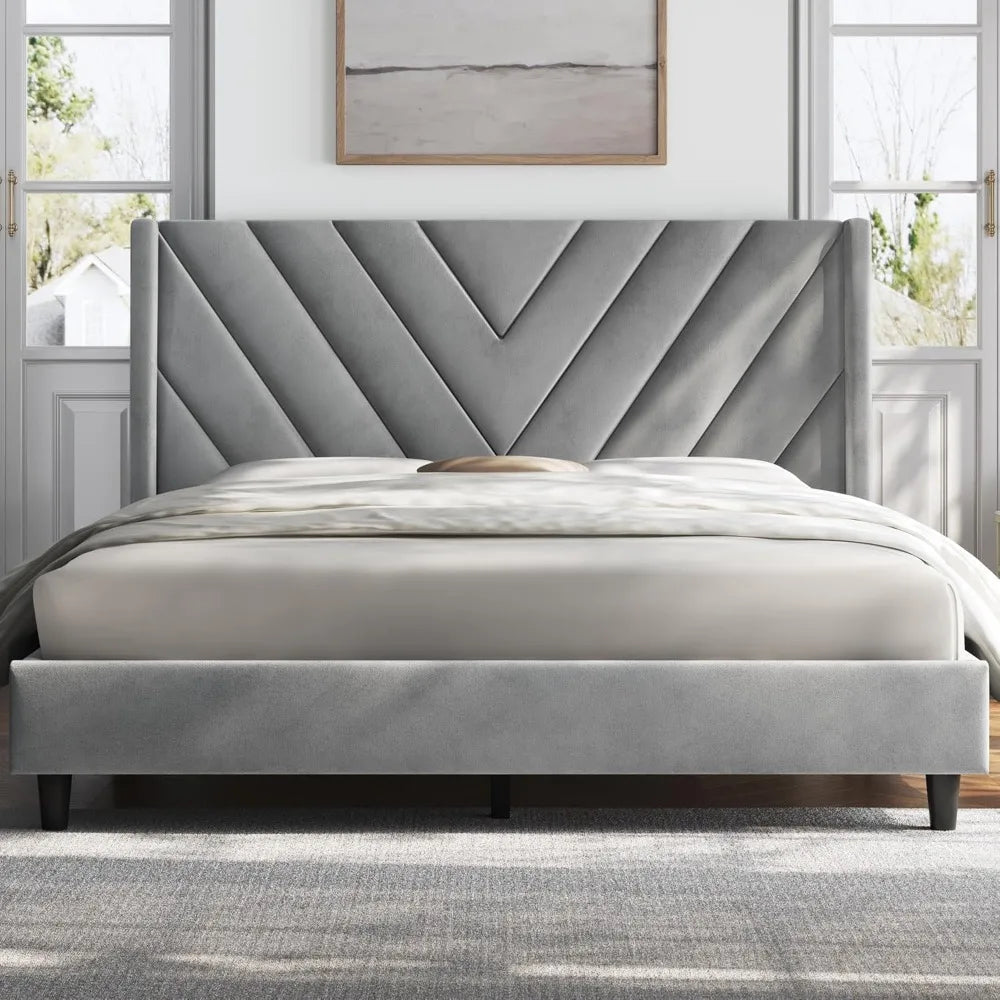 Queen Upholstered Platform Bed with Tufted Wingback Headboard & Wooden Slat Support