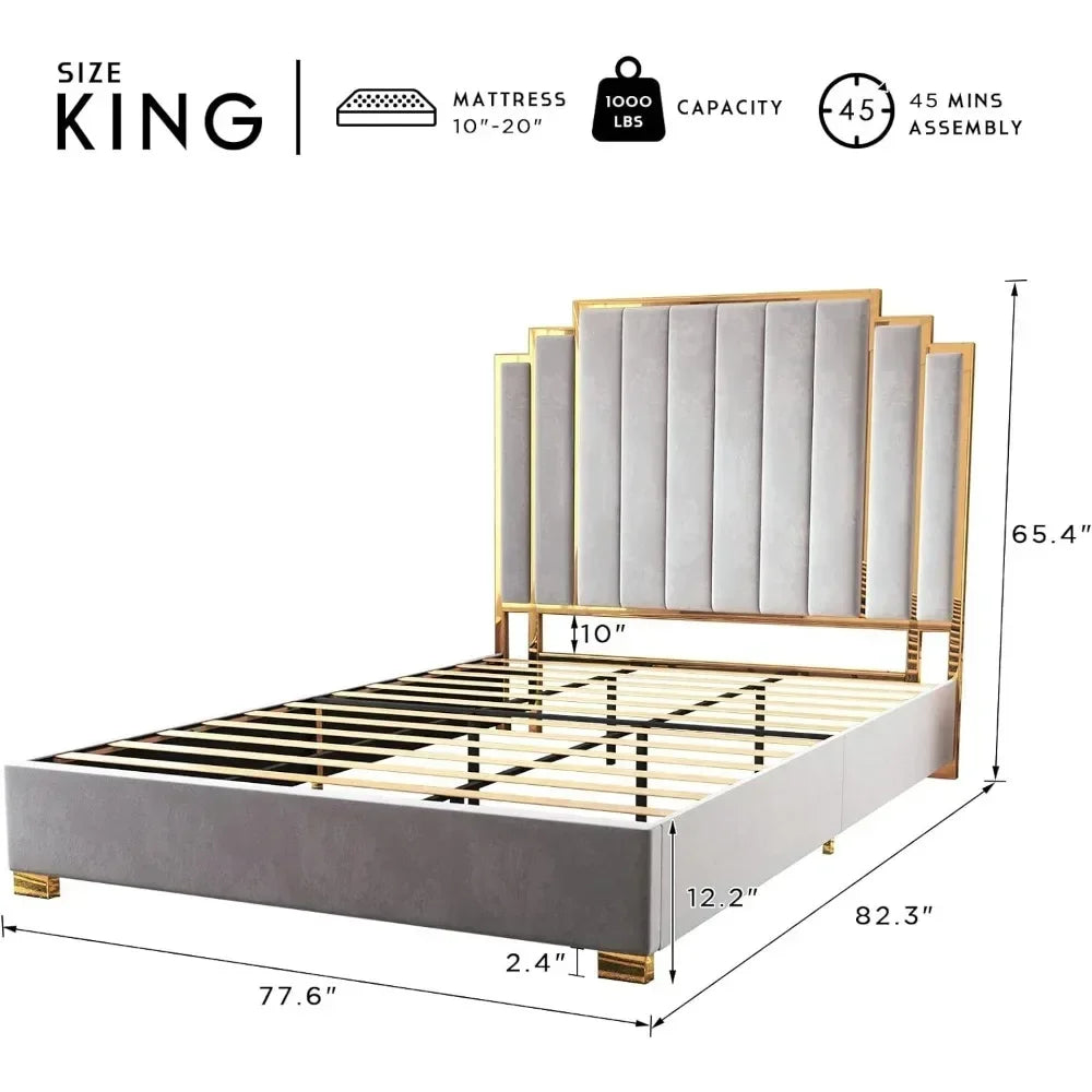 Queen Upholstered Platform Bed with Golden Trim and 61" Headboard.