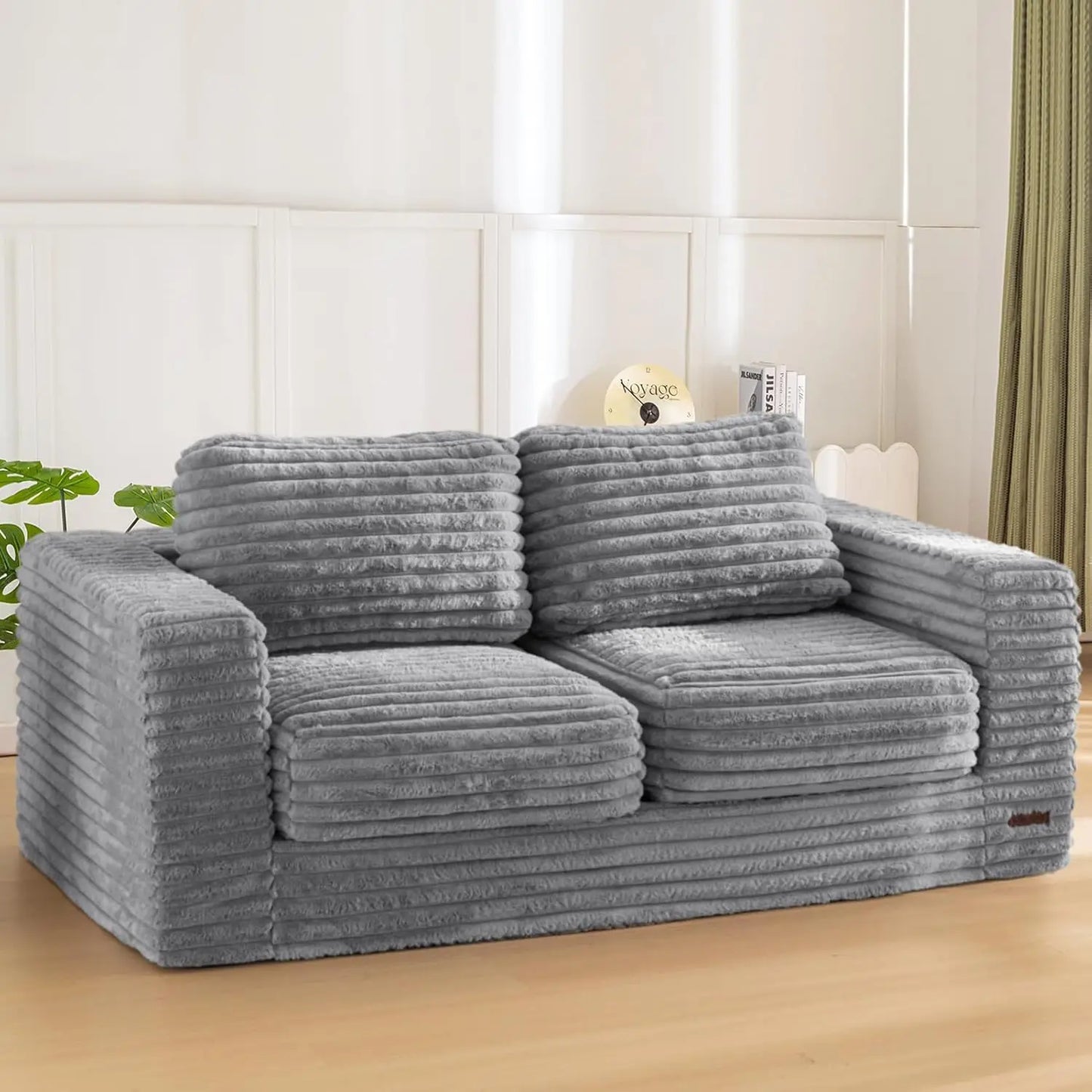 Two-Seat Upholstered Bean Bag Sofa with Pillows & Armrests, Fluffy Loveseat