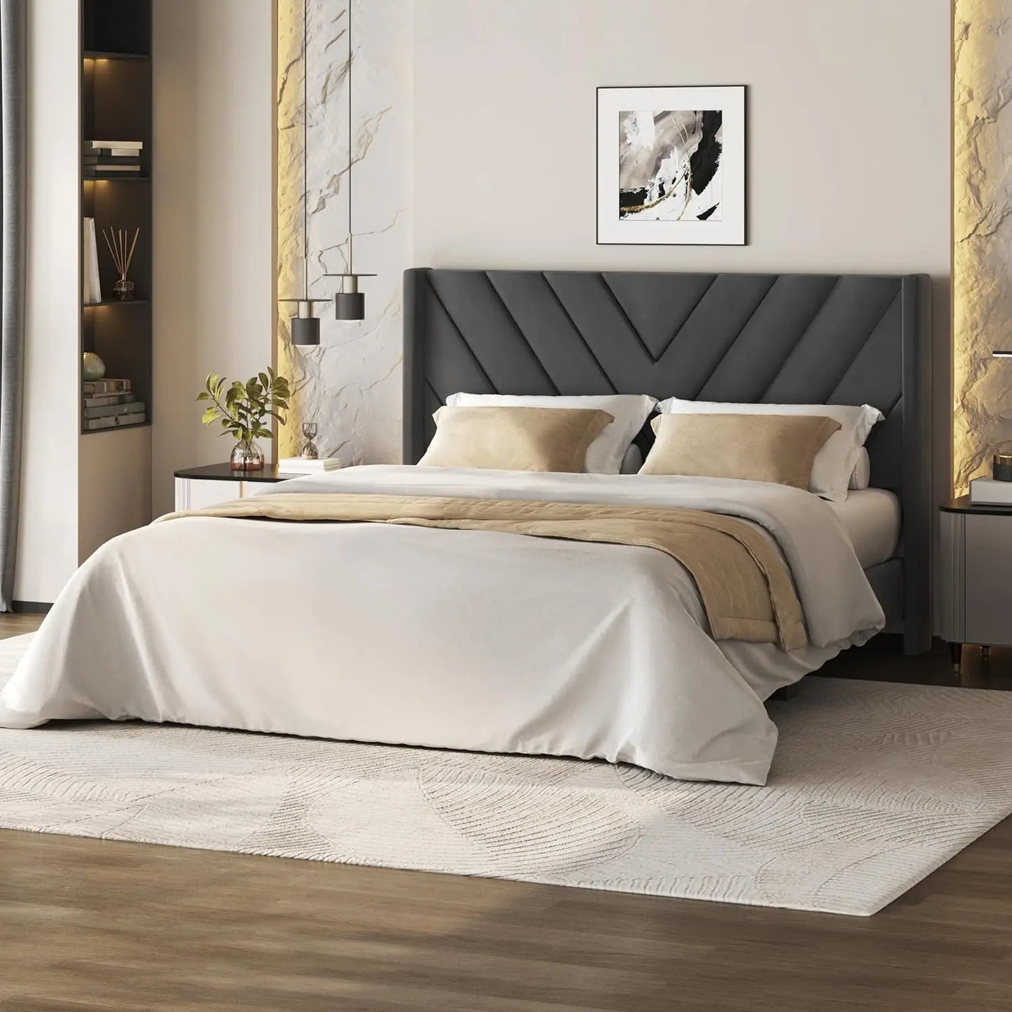 Queen Upholstered Platform Bed with Tufted Wingback Headboard & Wooden Slat Support
